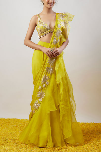 Yellow leaf embroidered ruffled sari set