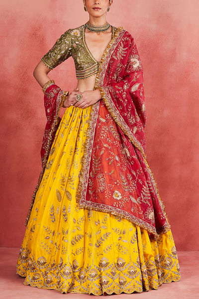 Yellow leaf zari embroidered lehenga set