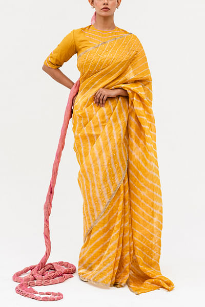 Yellow leheriya tie-dye sari set