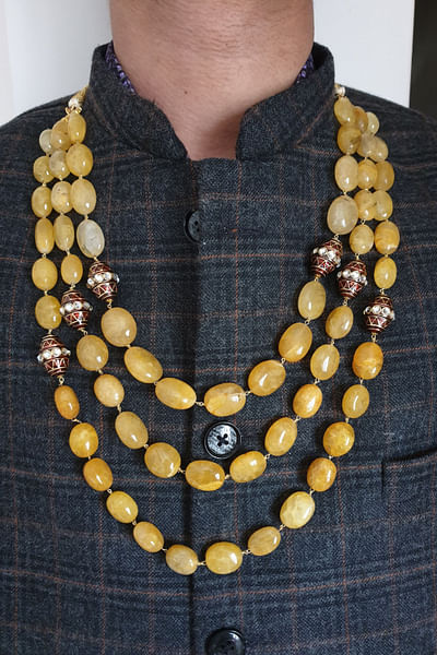 Yellow meenakari beaded stone layered necklace