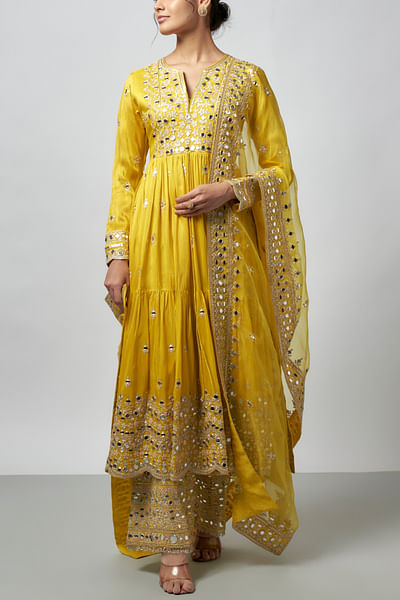 Yellow mirror embroidered anarkali set