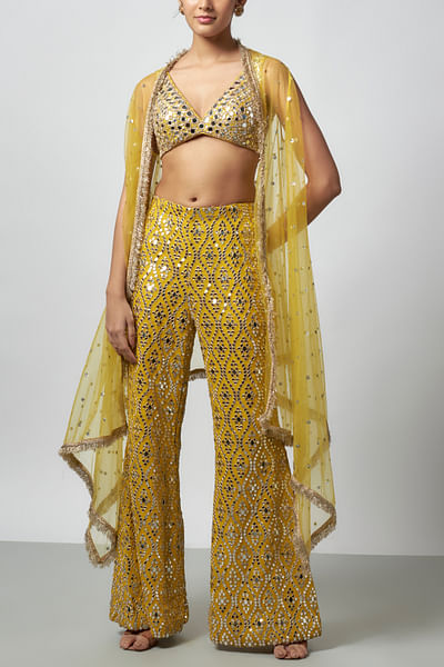 Yellow mirror embroidered cape set