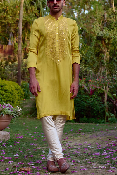 Yellow mirror embroidered kurta set
