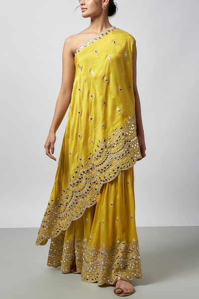 Yellow mirror embroidered sharara set