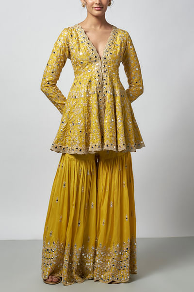 Yellow mirror embroidered sharara set