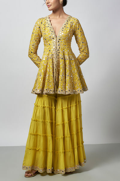 Yellow mirror embroidered tiered sharara set