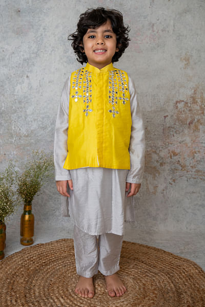 Yellow mirror embroidery bandi kurta set