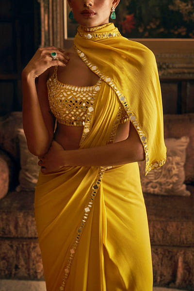 Yellow mirror embroidery pre-draped sari set