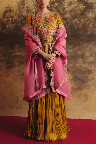 Yellow Mughal embroidered kurta skirt set