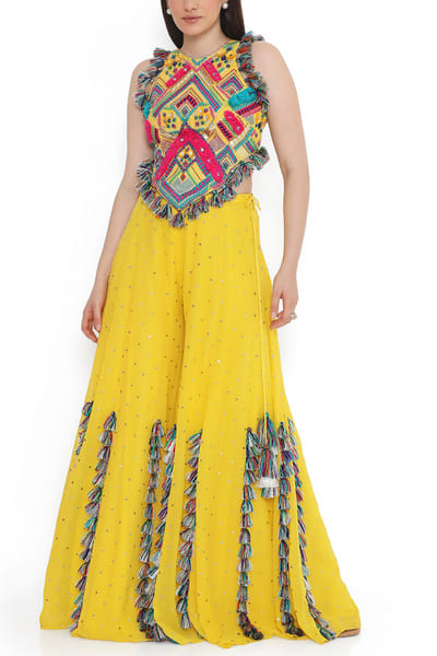 Yellow mukaish georgette sharara set