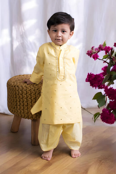 Yellow mukaish work kurta set
