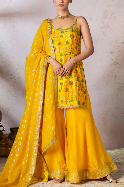 Yellow nomadic tribe printed kurta sharara set