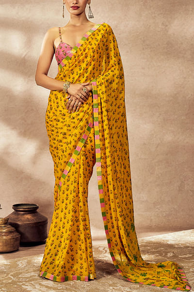 Yellow nomadic tribe printed sari set