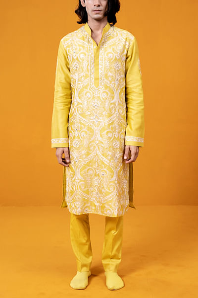 Yellow paisley aari embroidered kurta set