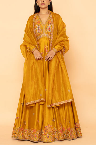 Yellow paisley embroidered anarkali set