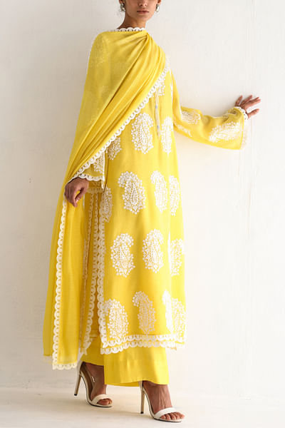 Yellow paisley embroidered layered kurta set