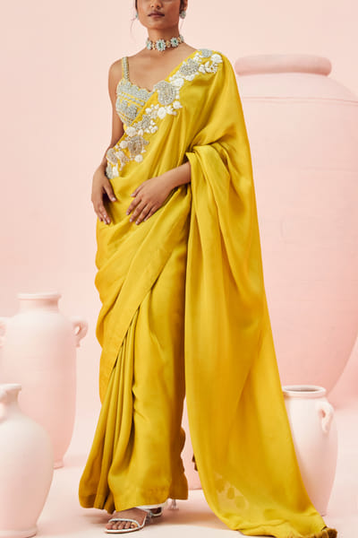 Yellow paisley embroidered sari set