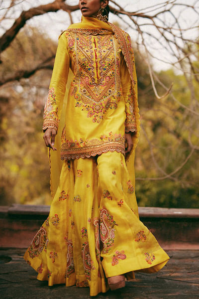 Yellow paisley embroidered sharara set