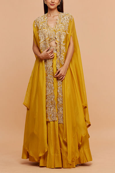 Yellow paisley embroidery cape and lehenga set