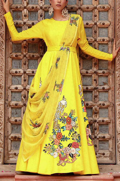 Yellow parrot printed draped anarkali