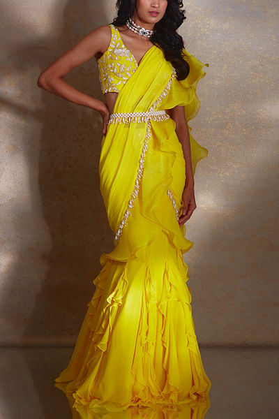 Yellow pearl tassel pre-draped ruffle sari set