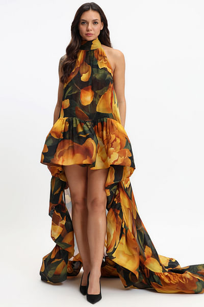 Yellow peonies printed high-low dress