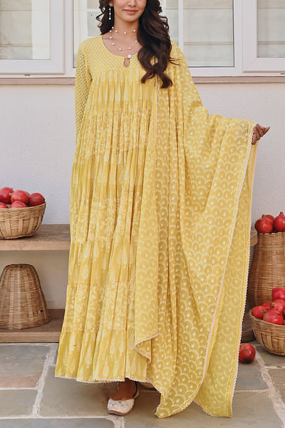 Yellow polka and floral print tiered anarkali set