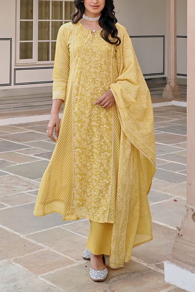 Yellow polka and floral printed kurta set