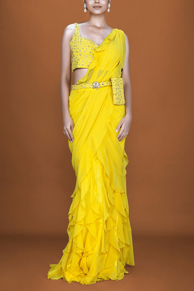 Yellow pre-stitched ruffle sari set