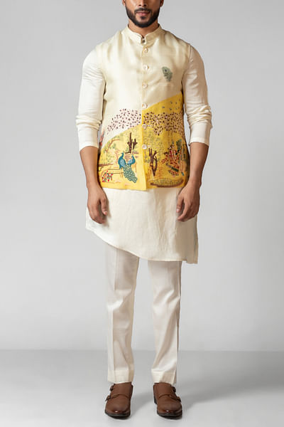 Yellow Radha Krishna embroidery Nehru kurta set