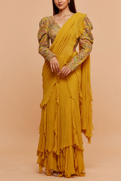 Yellow ruffled sari set