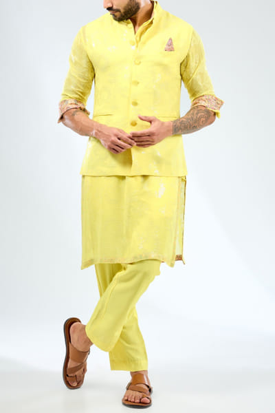 Yellow sequin embroidered bundi kurta set