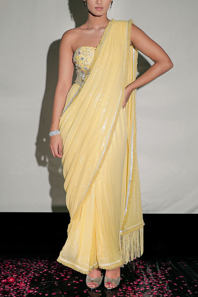 Yellow sequin embroidered sari gown