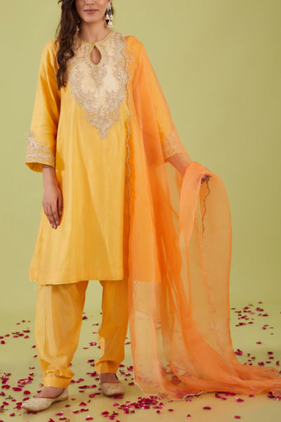 Yellow short kalidar kurta salwar set