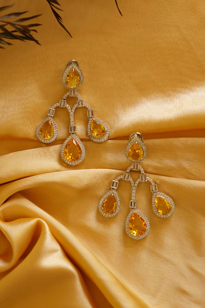 Yellow stone and faux diamond dangler earrings
