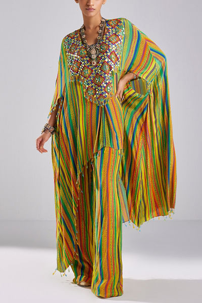 Yellow stripe printed asymmetrical kaftan set