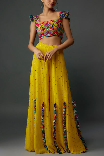 Yellow tasselled mukaish sharara set