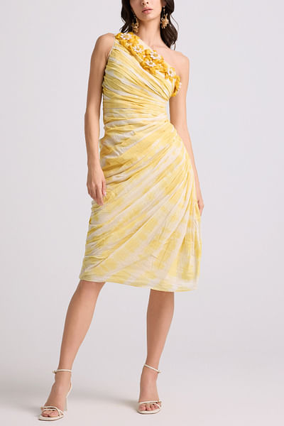 Yellow tie-dye ruched asymmetrical dress