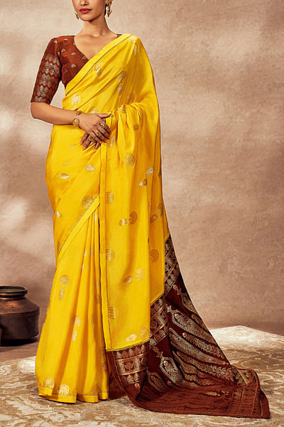 Yellow traveller's palm tree woven sari set