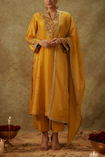 Yellow zardozi embroidery kurta sets