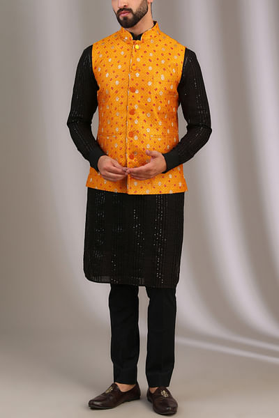 Yellow zari and sequin embroidery bandi kurta set