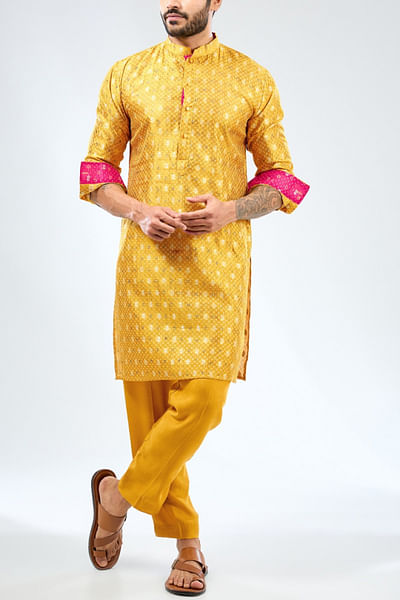 Yellow zari embroidered kurta set