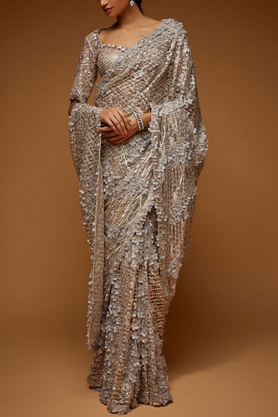 3D floral and sequin embellished tulle sari set