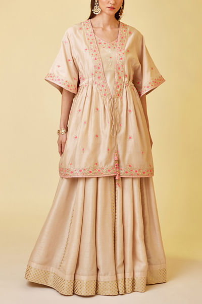 Angora white thread embroidered angrakha skirt set