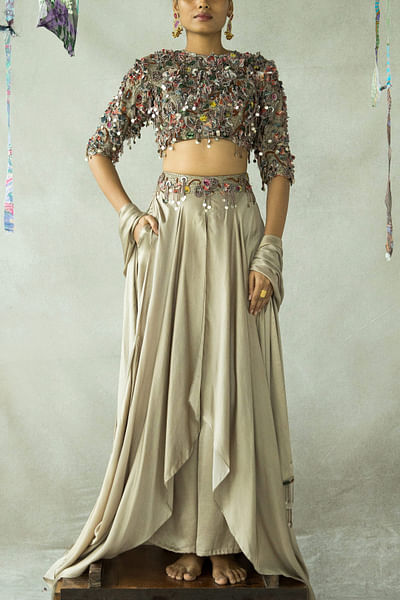 Antique gold embroidered draped skirt set
