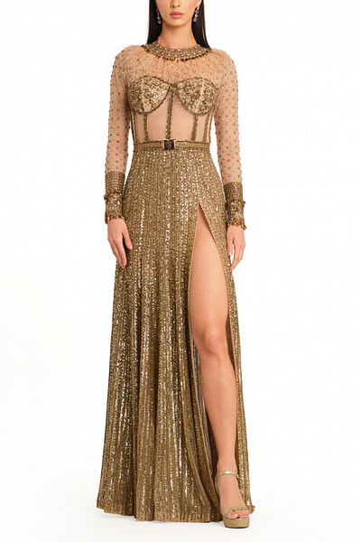 Antique gold sequin embroidery gown