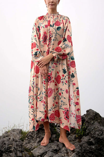 Antique white and scarlet floral print tunic