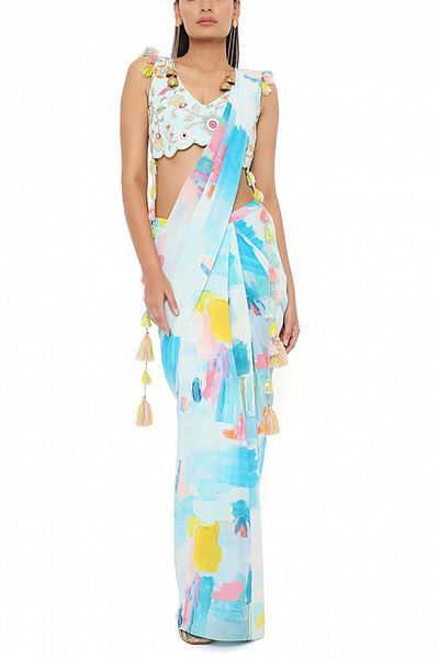 Aqua artsy print pre-draped sari set