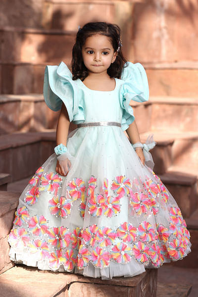 Aqua blue 3D floral embroidered gown