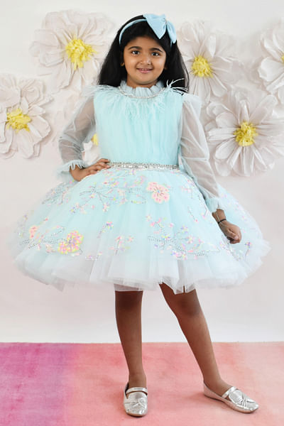Aqua blue floral embroidered frock